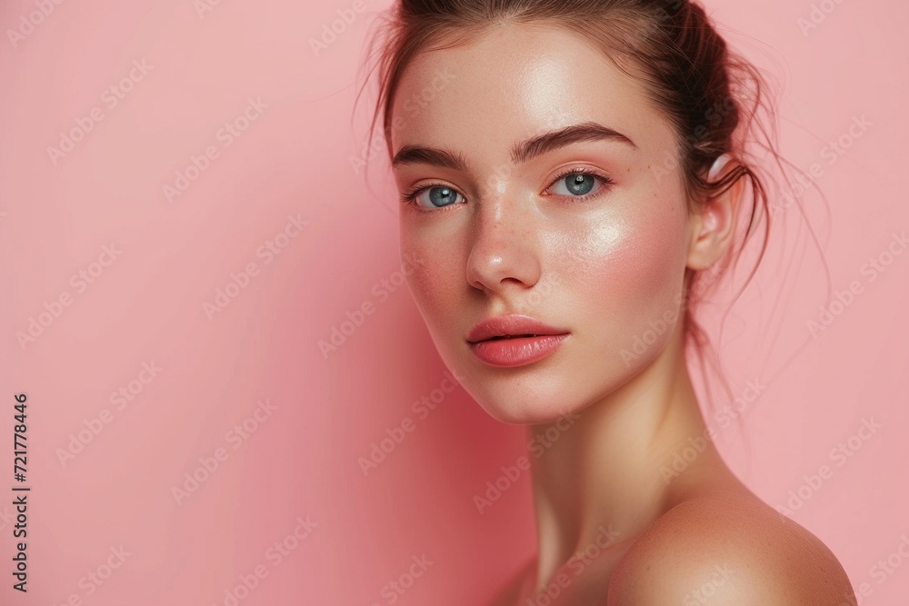 Fototapeta premium Portrait of a young woman with flawless makeup, highlighting her radiant and perfectly smooth skin on a soft pink background.