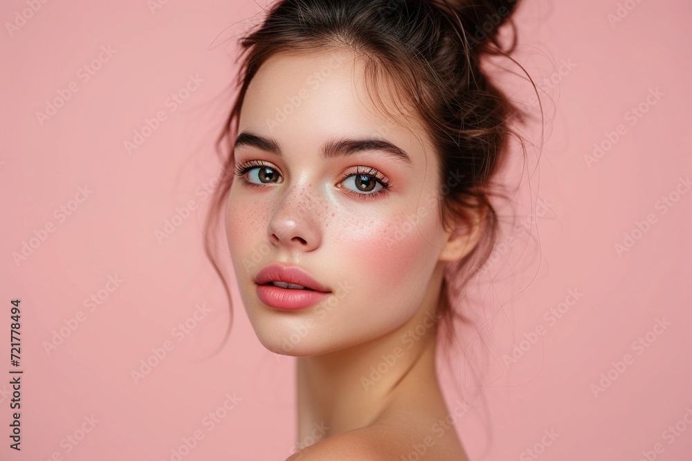 Portrait of a young woman with flawless makeup, highlighting her radiant and perfectly smooth skin on a soft pink background. Portrait of a young woman with flawless makeup, highlighting her radiant and perfectly smooth skin on a soft pink background.