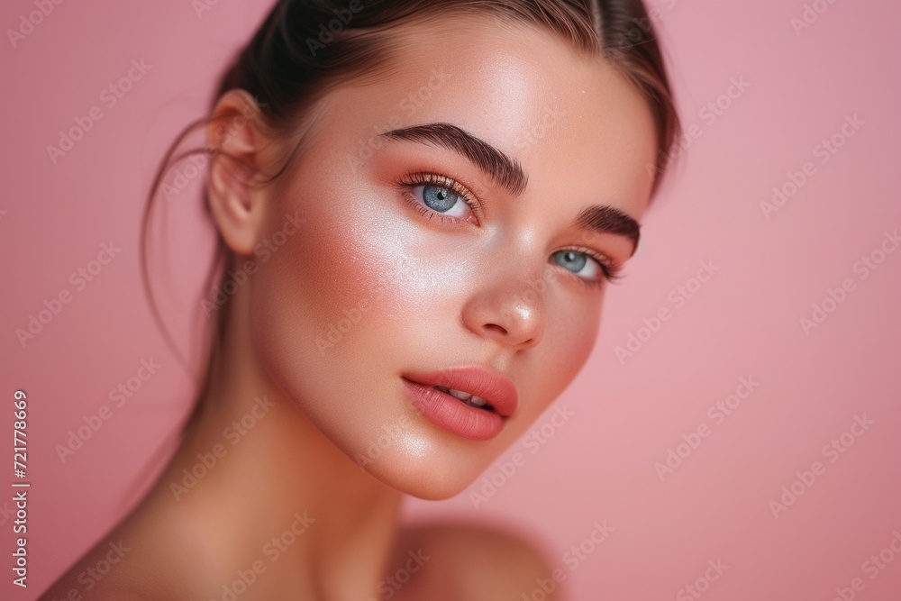 Portrait of a young woman with flawless makeup, highlighting her radiant and perfectly smooth skin on a soft pink background. Portrait of a young woman with flawless makeup, highlighting her radiant and perfectly smooth skin on a soft pink background.