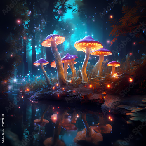 Bioluminescent mushrooms in a magical forest. © Cao
