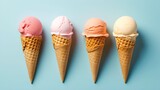 4 ice cream in solid colour background. minimal flat lay design