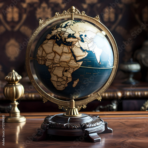 Antique globe on a wooden desk.