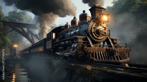 A black locomotive crosses a bridge, evoking a cinematic and majestic atmosphere