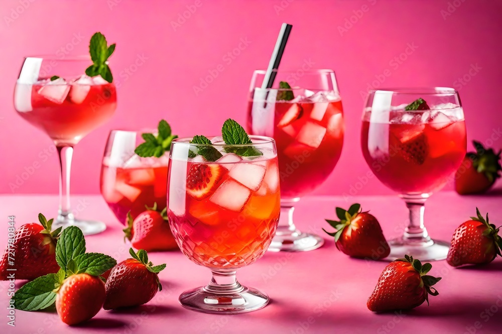 Quench your thirst in style: a chic cocktail boasting crushed ice, ripe strawberries, and aromatic mint on a playful pink background