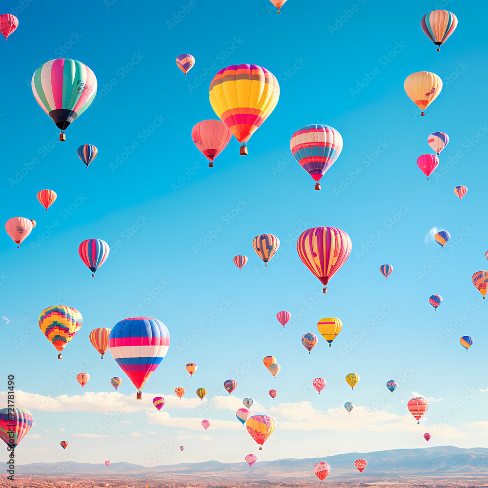 Colorful hot air balloons against a clear sky. 