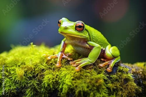 Gliding frog look like laughing on moss, Flying frog laughing, animal closeup, Gliding frog (Rhacophorus reinwardtii) sitting on moss, Indonesian tree frog © ebhanu
