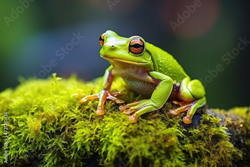 Gliding frog look like laughing on moss, Flying frog laughing, animal closeup, Gliding frog (Rhacophorus reinwardtii) sitting on moss, Indonesian tree frog