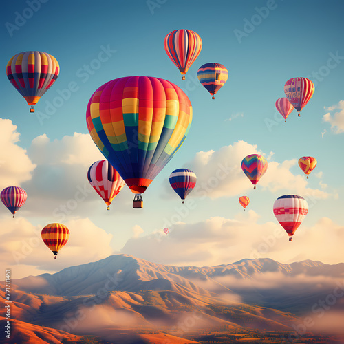 Colorful hot air balloons against a clear sky.  © Cao