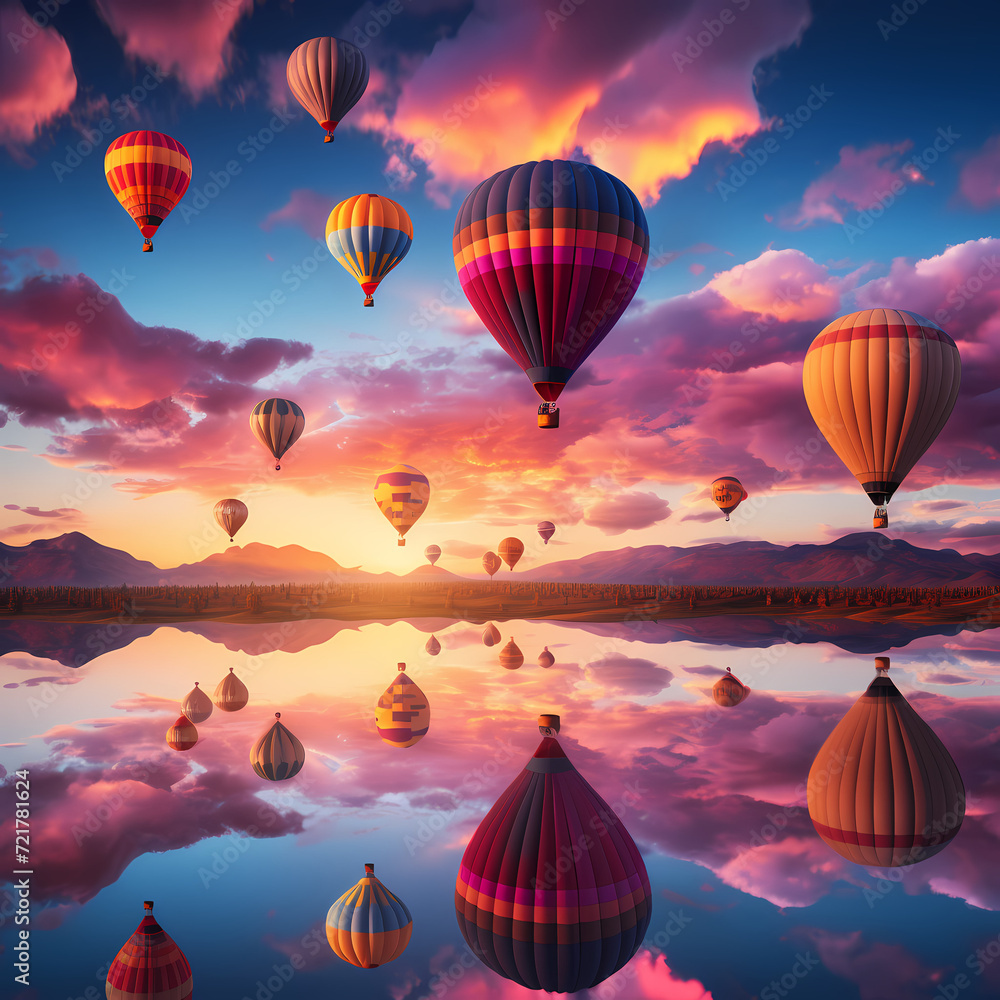 Colorful hot air balloons rising at dawn. 