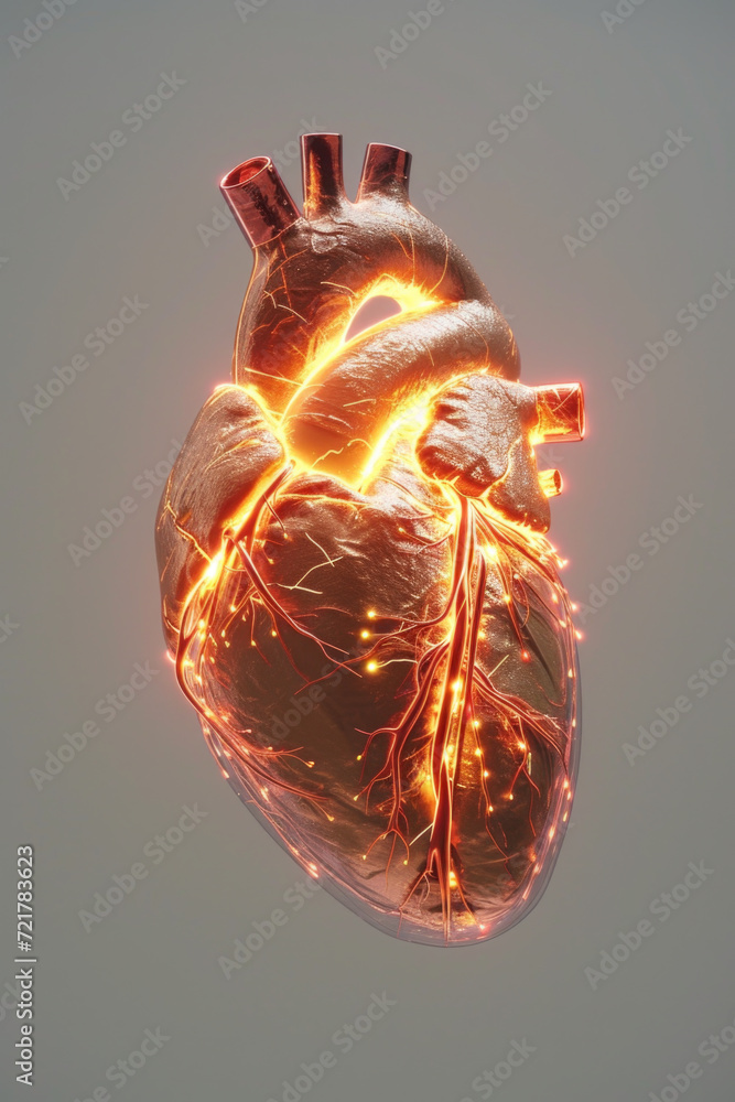 3D Model Heart with Glowing Orange Electric Pulse, Generative AI
