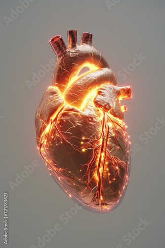 Obraz na płótnie 3D Model Heart with Glowing Orange Electric Pulse, Generative AI w salonie