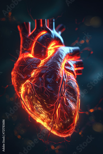 3D Model Heart with Glowing Orange Electric Pulse, Generative AI