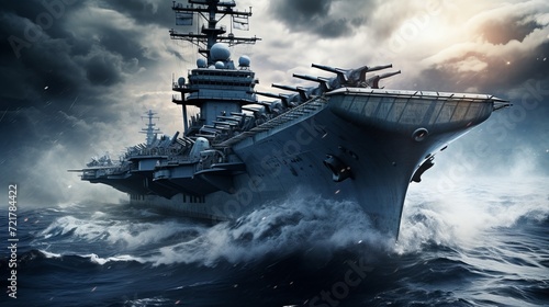 Military aircraft carrier with fighter jets taking off in warzone - wide poster design