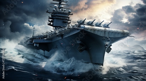 Military aircraft carrier with fighter jets taking off in warzone - wide poster design