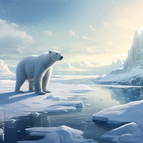 Polar bear in a snowy Arctic landscape.