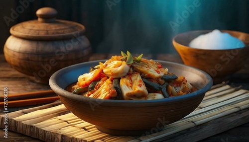 close up kimchi in traditional kitchen on wooden table
