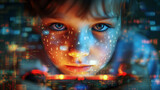 Excessive screen time. Young boy staring, illuminated by digital lights using a game console closeup
