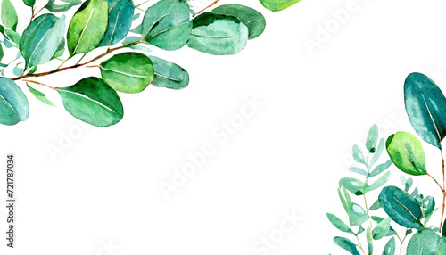 Watercolor floral illustration with eucalyptus green leaves and branch isolated on white background. Hand painted flower card for wedding invitation, save the date or greeting design.