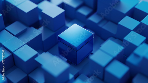 A blue box made of bricks surrounded by blue background in cinema4d.