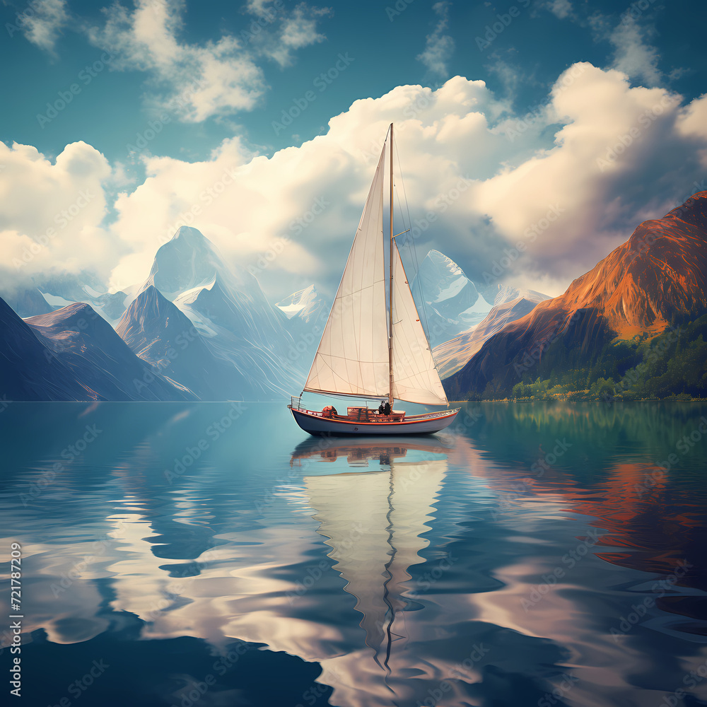 Sailing boat on a calm blue lake.