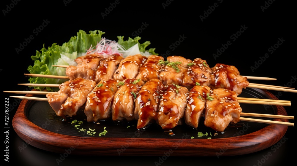 Authentic japanese chicken skewers, top view food photo