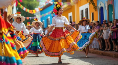 Cultural festivity colorful street parade with traditional dancers and musicians.