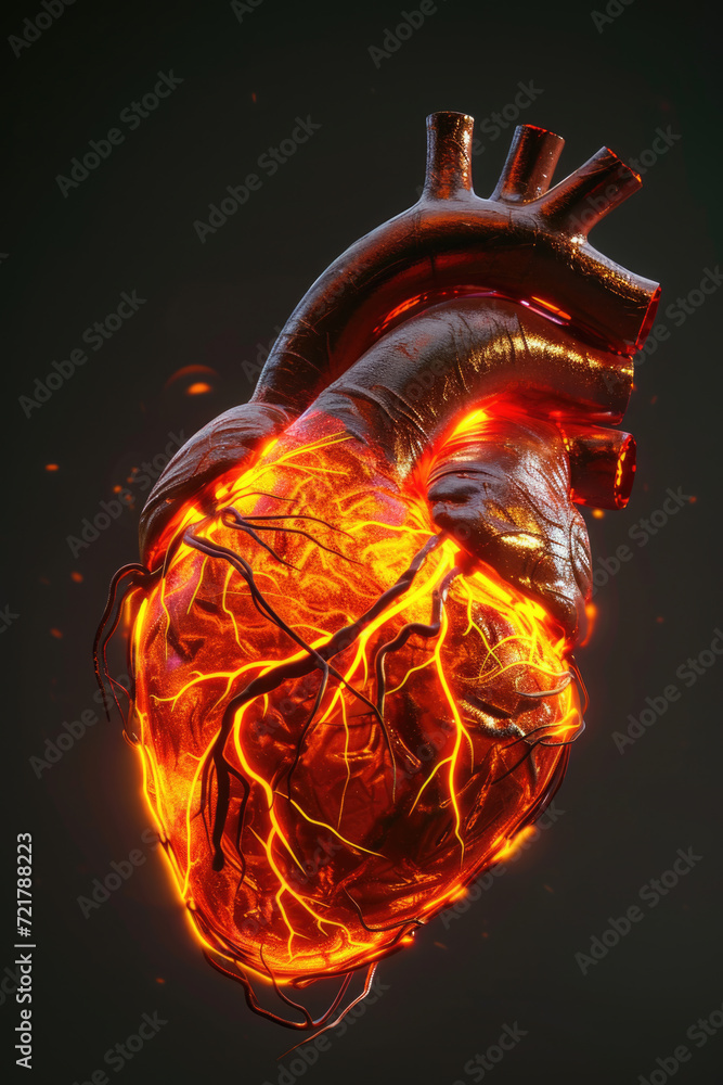 3D Model Heart with Glowing Orange Electric Pulse, Generative AI