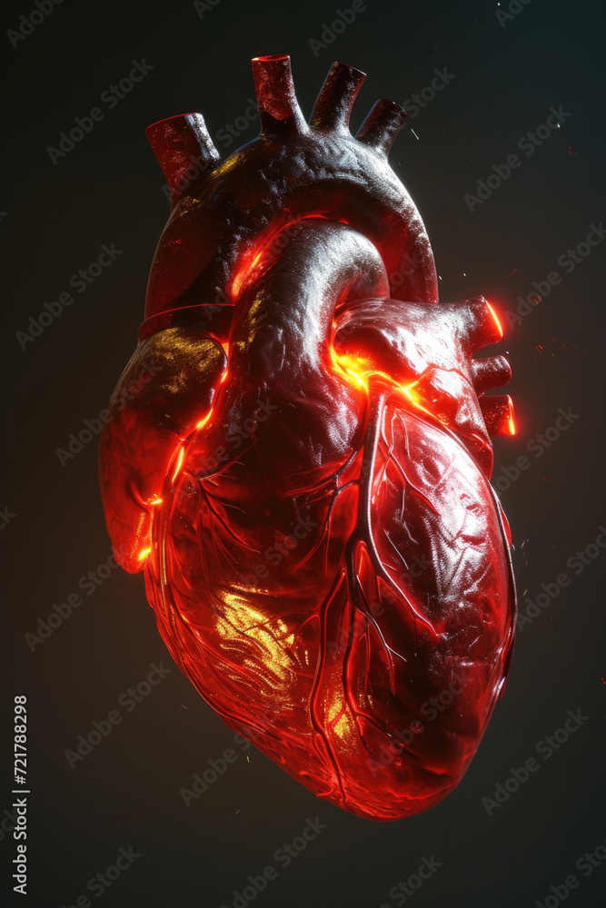 3D Model Heart with Glowing Orange Electric Pulse, Generative AI