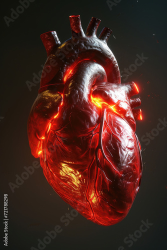 Obraz na płótnie 3D Model Heart with Glowing Orange Electric Pulse, Generative AI w salonie