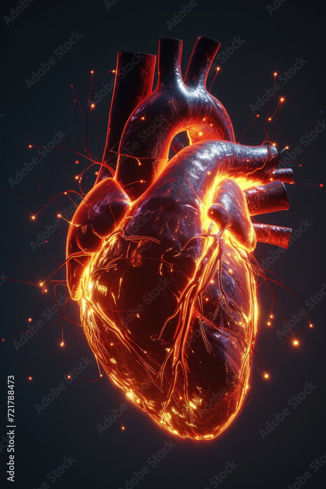 3D Model Heart with Glowing Orange Electric Pulse, Generative AI