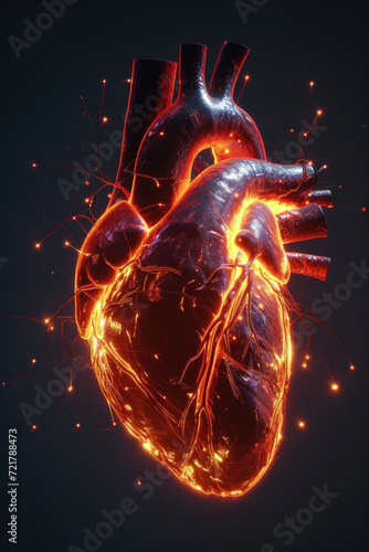 Obraz na płótnie 3D Model Heart with Glowing Orange Electric Pulse, Generative AI w salonie