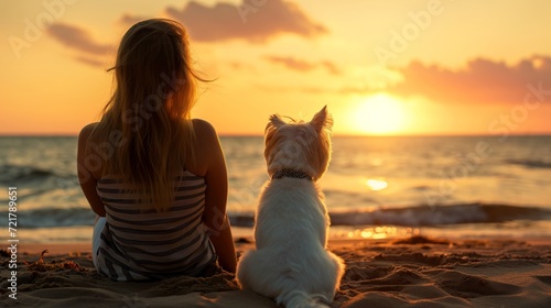 Back view of a girl with her puppy  sitting on the beach at sunset.