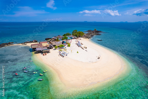 Aerial view of Khai Island in the Andaman Sea. natural blue sea Tropical seas of Thailand The beautiful scenery of the island is very impressive.