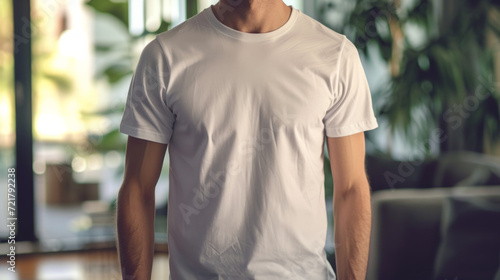 Blank white T- shirt mockup on male model, Empty T-shirt template, Fashion advertising display. Generative AI 
