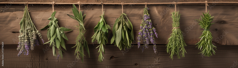 Bunch of herbs hanging to dry on wooden background. Generative AI Bunch of herbs hanging to dry on wooden background. Generative AI
