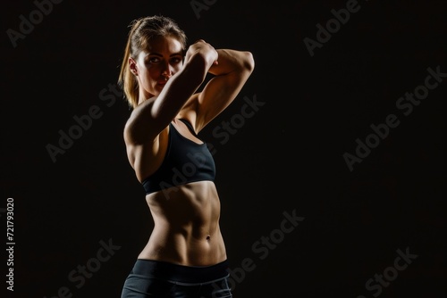 Woman showcasing fitness and physique on black background