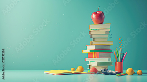 A creative and dynamic arrangement of floating school supplies, books, and an apple against a bright blue background, symbolizing fun and engaging education.