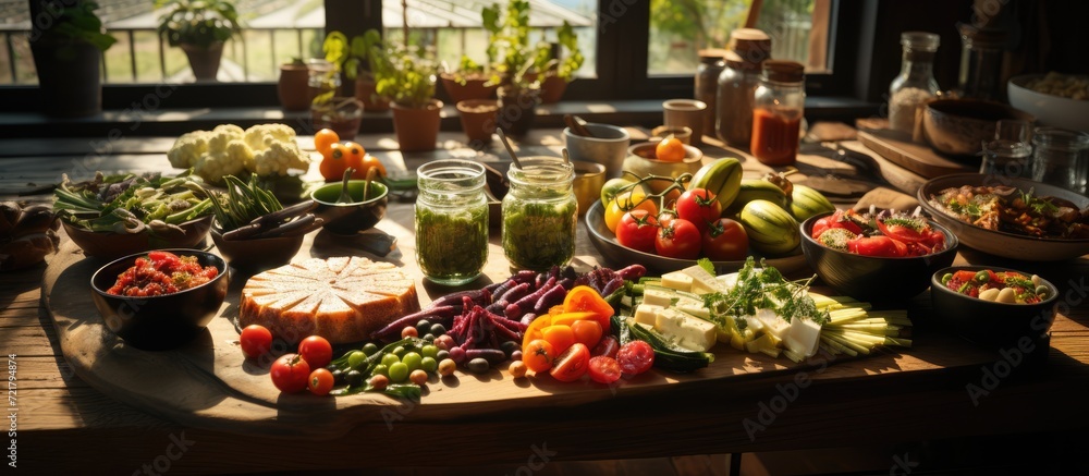 Fototapeta premium table with lots of food from top view