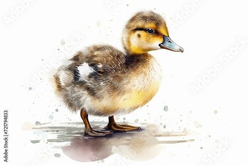 Detailed drawing of an adorable baby duckling chick standing alone on a white backdrop. Generative AI