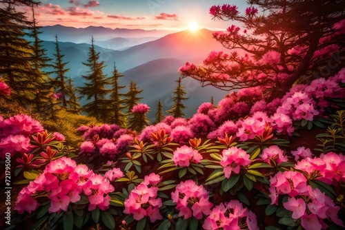 Pink rhododendron flowers on summer mountain