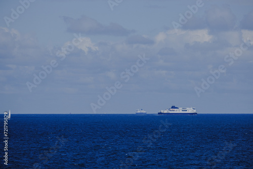 Large passenger ferry liner arrival into port of Barcelona, Spain