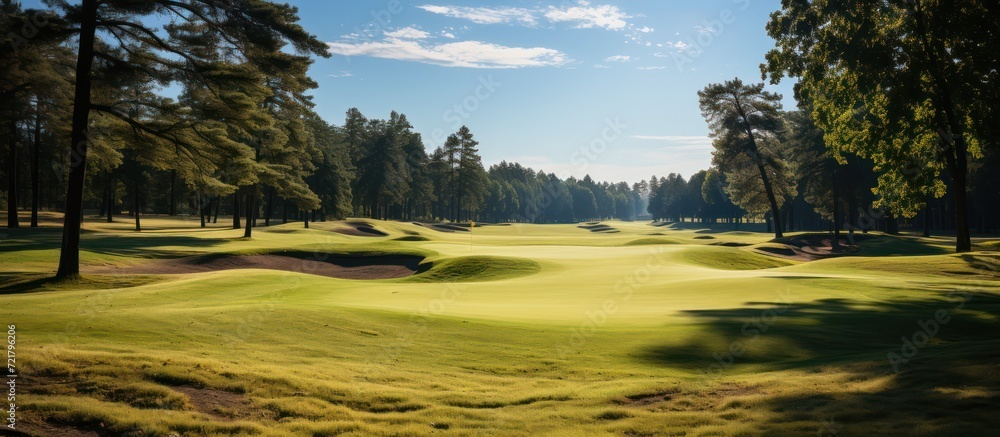 view of wide green grass and forest on golf course