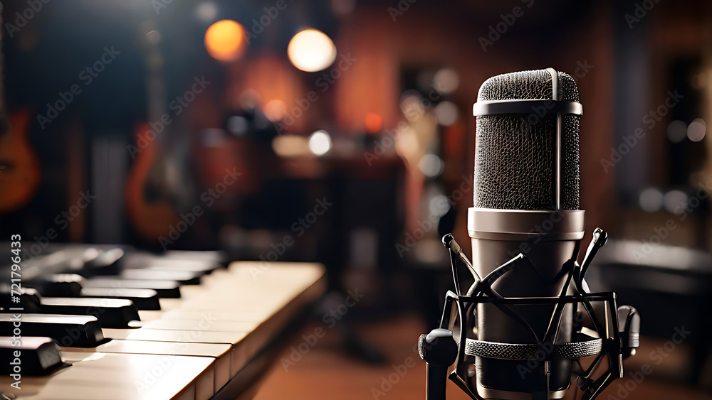 Professional condenser studio microphone in a blurred background with audio mixer, Musical instrument, drum set , guitar, Concept, hype realistic, piano - obrazy, fototapety, plakaty 