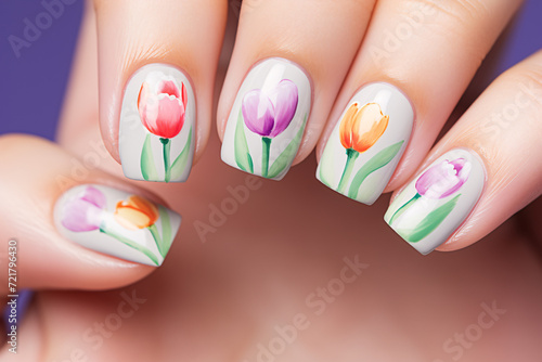 Close up of woman's fingernails with colorful tulip spring flower nail art design