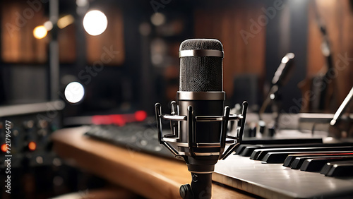 Professional condenser studio microphone in a blurred background with audio mixer, Musical instrument, drum set , guitar, Concept, hype realistic, professional setup