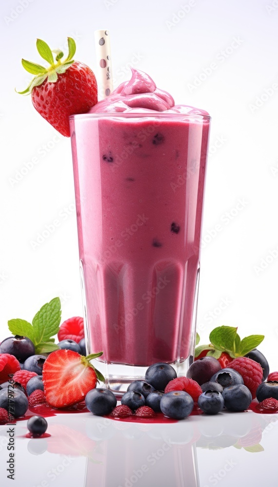 Healthy fresh strawberries, raspberries and berries smoothie or milkshake with assorted ingredients served in glass with fruits decoration on whitebackground. Generative AI. Healthy fresh strawberries, raspberries and berries smoothie or milkshake with assorted ingredients served in glass with fruits decoration on whitebackground. Generative AI.