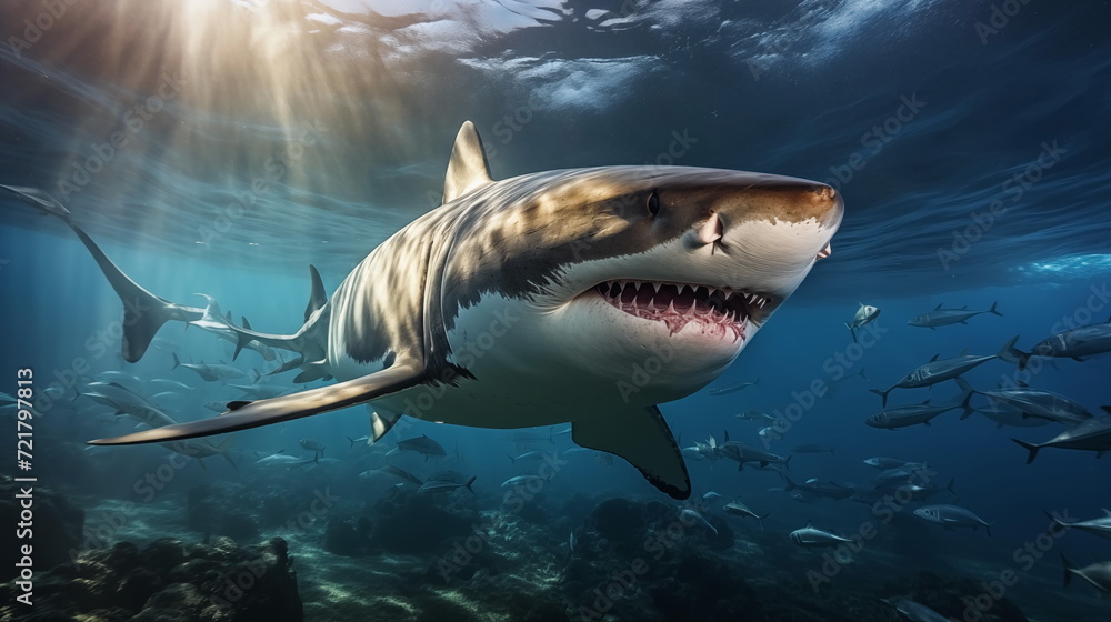 Obraz premium White shark open toothy dangerous mouth with many teeth.Clear water shark swims. Generated AI