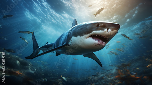 White shark open toothy dangerous mouth with many teeth.Clear water shark swims. Generated AI