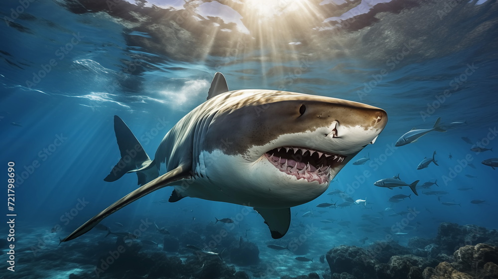 Fototapeta premium White shark open toothy dangerous mouth with many teeth.Clear water shark swims. Generated AI