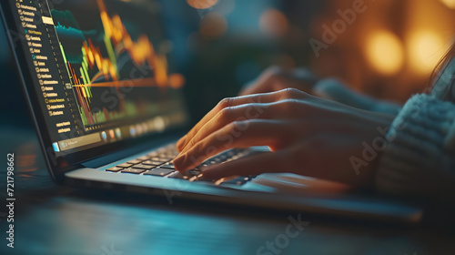 Close up of hands typing on a laptop with gold price chart on the sceen. Bokeh light.